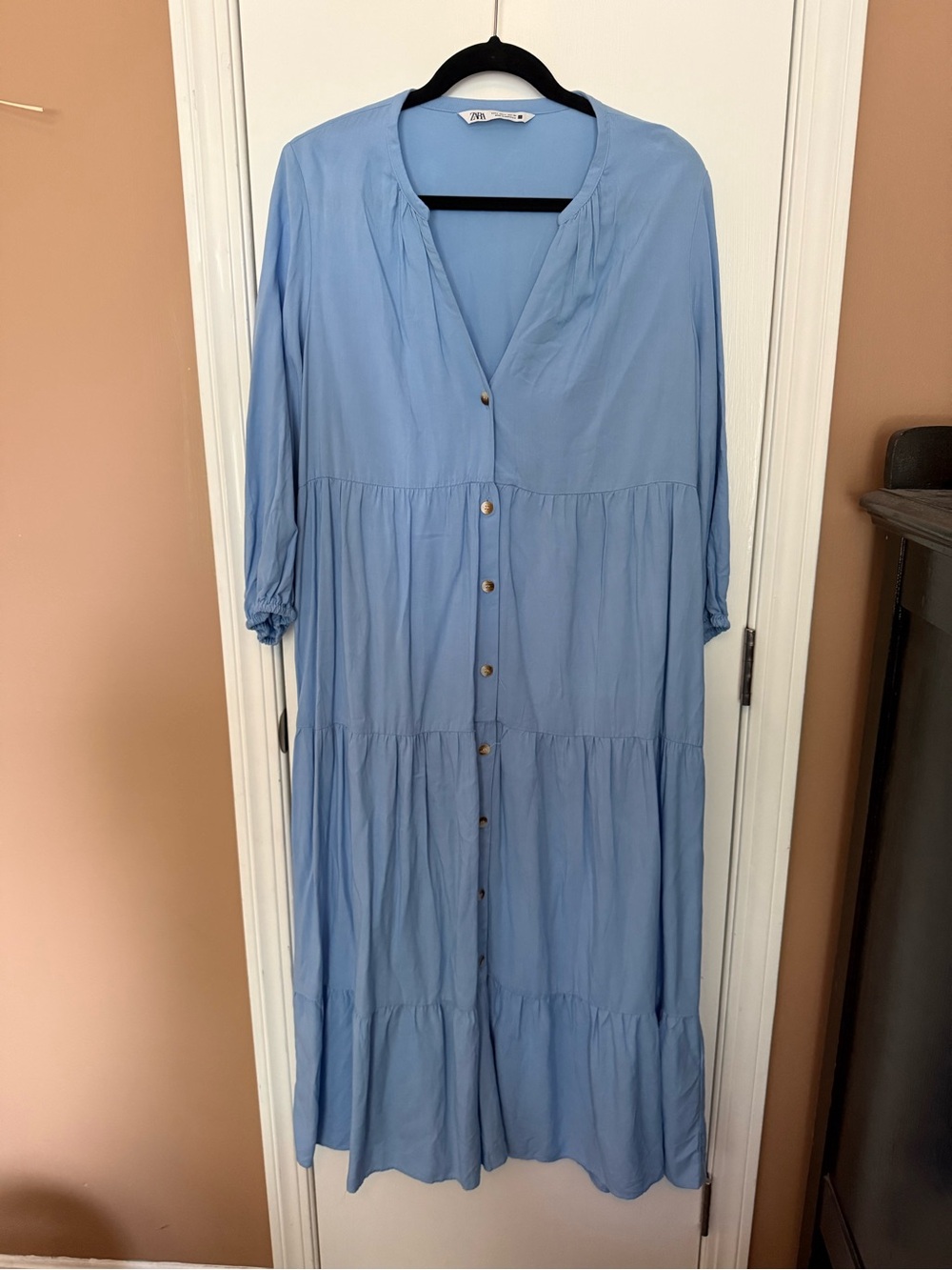 Zara Light Blue Button-Front Tiered Women's Dress